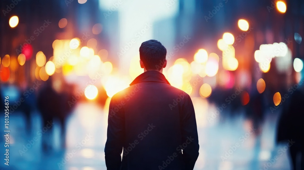 Man Walking Alone in City Streets at Dusk Man Walking Alone in City Streets at Dusk