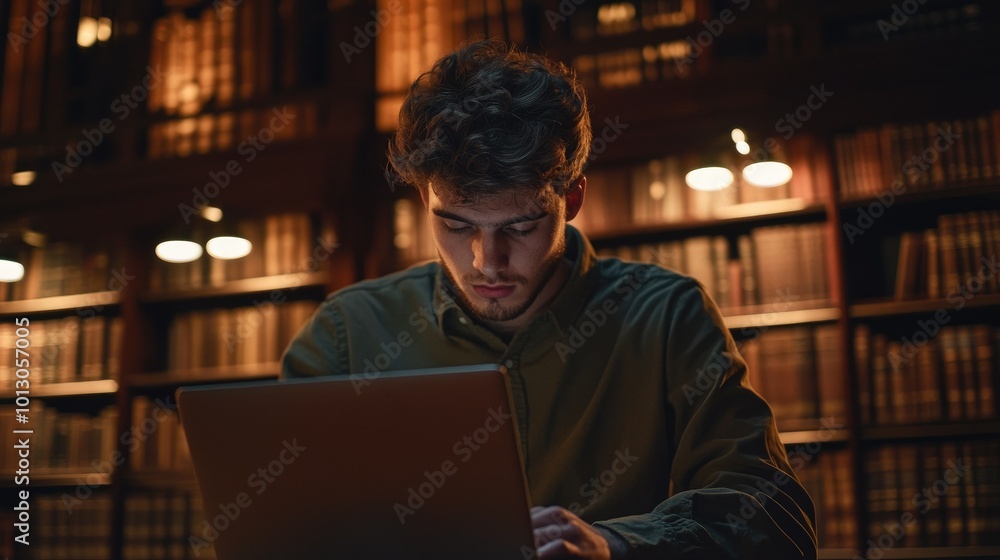 Young Professional Working in a Quiet Library Setting Young Professional Working in a Quiet Library Setting