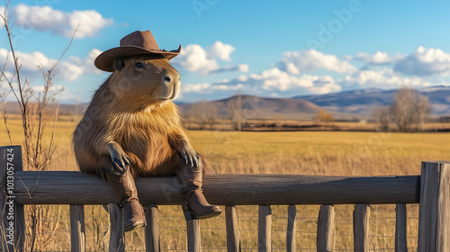 A capybara wearing a cowboy hat and boots, sitting on a wooden fence.