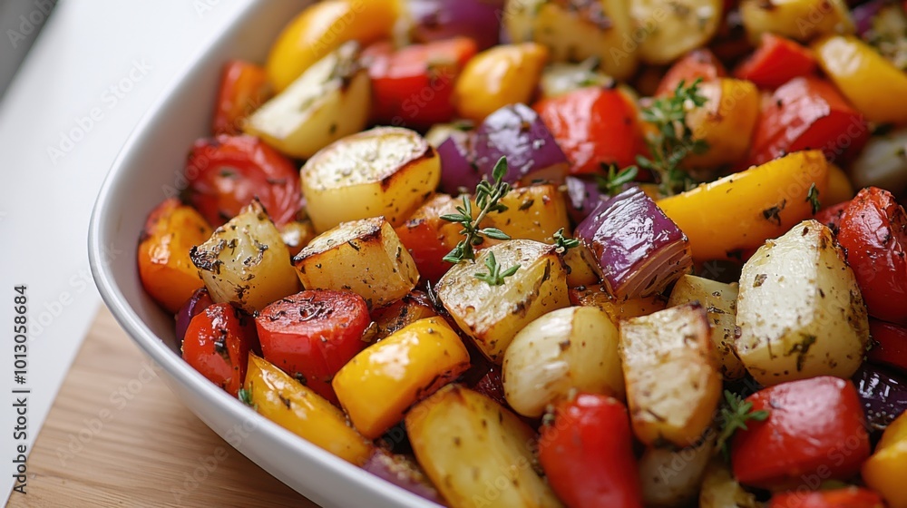 Thanksgiving herb-roasted vegetables, top view shot with soft-focus background, in a simple white bowl, natural textures, organized layout. Thanksgiving herb-roasted vegetables, top view shot with soft-focus background, in a simple white bowl, natural textures, organized layout.