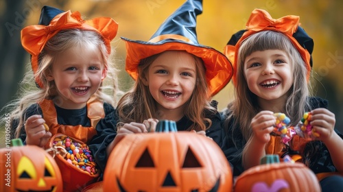 Happy kids in Halloween costumes with candy collector photo