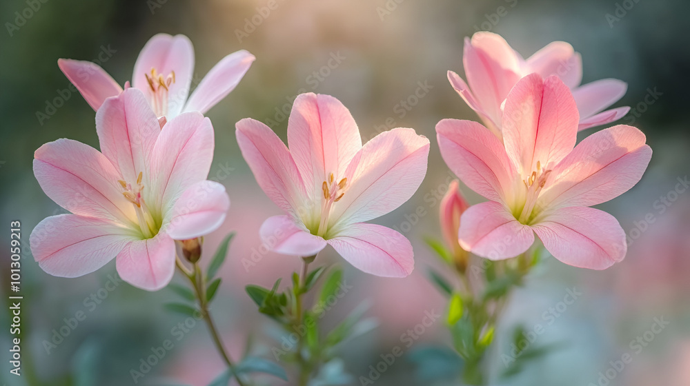 Delicate pink flowers bloom softly in a tranquil garden setting during golden hour Delicate pink flowers bloom softly in a tranquil garden setting during golden hour