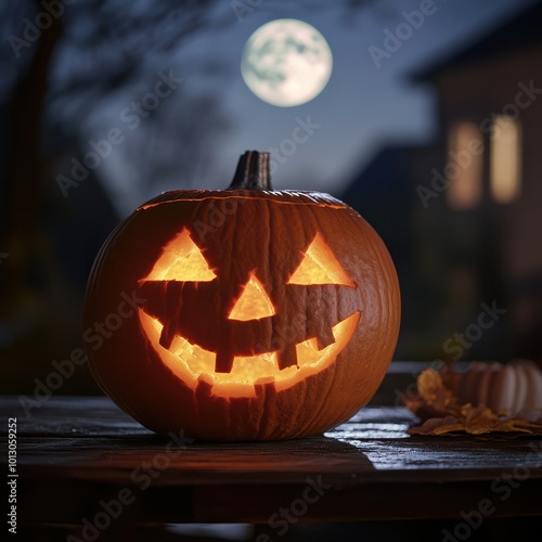 Jack Oâ Lantern On Table In Spooky Night - Halloween With Full Moon photo