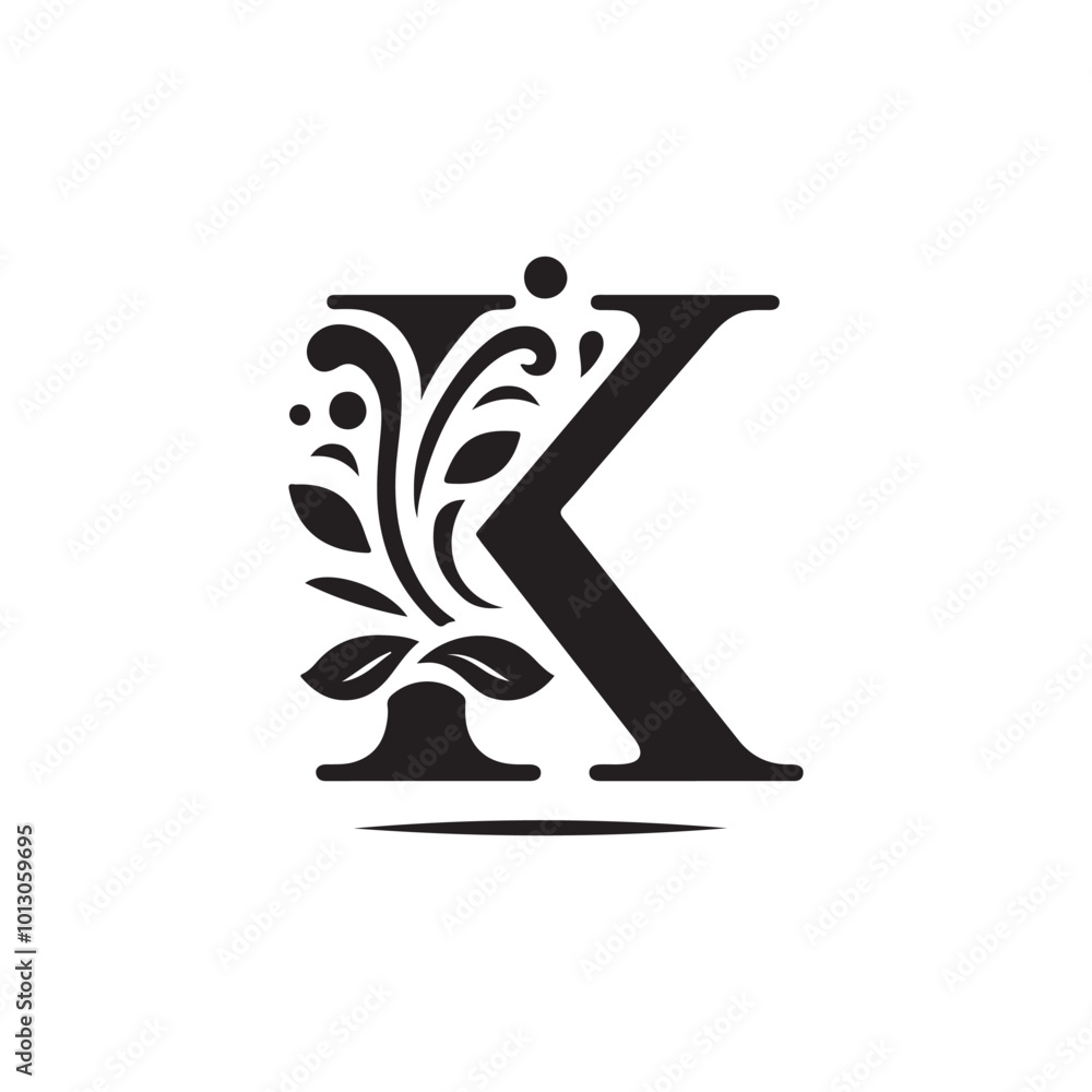 Chic and Creative Letter K Silhouette Logo Icon with Nature Accents: Featuring Leaf and Vine Elements for Green and Organic Branding Chic and Creative Letter K Silhouette Logo Icon with Nature Accents: Featuring Leaf and Vine Elements for Green and Organic Branding