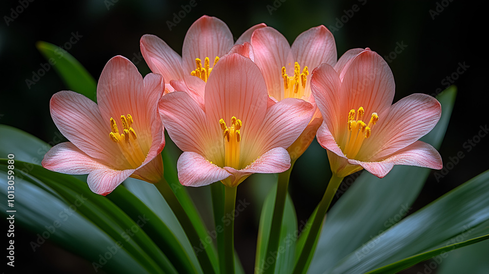 Delicate pink flowers with yellow stamens bloom gracefully in a lush garden during late spring under natural light Delicate pink flowers with yellow stamens bloom gracefully in a lush garden during late spring under natural light