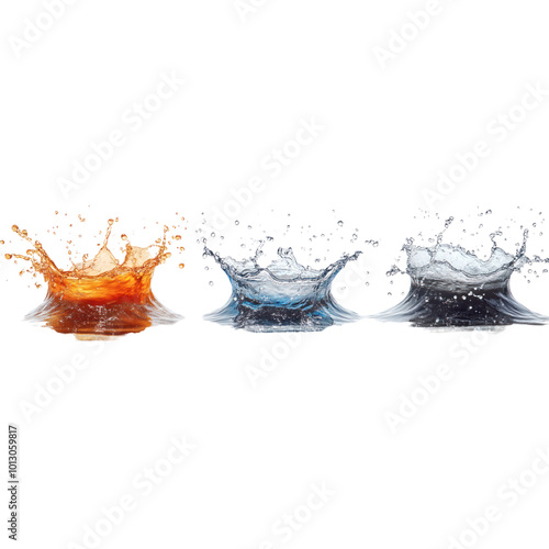 Water Splashing - Three Different Colors Isolated On a Transparent Background