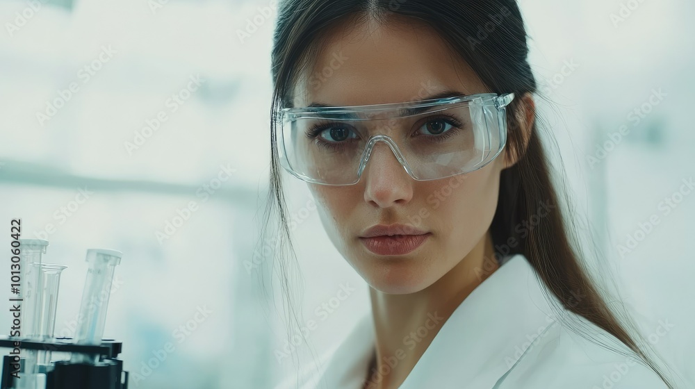 Confident Engineer in Lab Coat with Safety Glasses Confident Engineer in Lab Coat with Safety Glasses