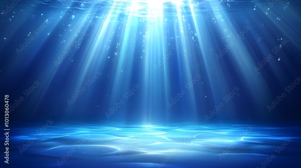 Fototapeta premium A serene underwater scene illuminated by beams of light, creating a tranquil atmosphere with shimmering water textures.
