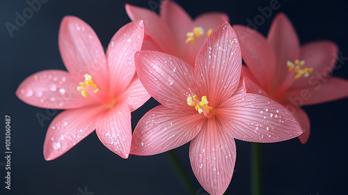 Delicate pink flowers with intricate petal patterns and subtle water droplets on a dark background