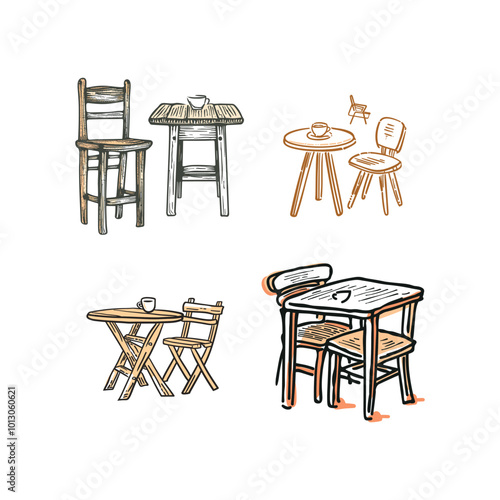 illustration of living room chair and dining table for interior vintage design