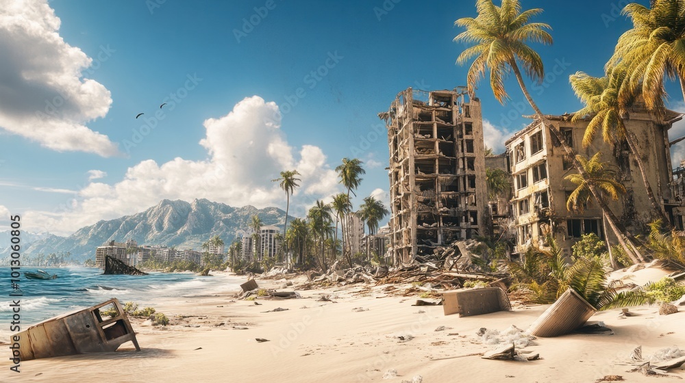 Beachside resorts destroyed by a tsunami, with ruined buildings and palm trees scattered across the sand Beachside resorts destroyed by a tsunami, with ruined buildings and palm trees scattered across the sand
