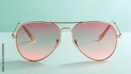 Photorealistic image of aviator sunglasses with gradient rose-tinted lenses and a thin gold fram