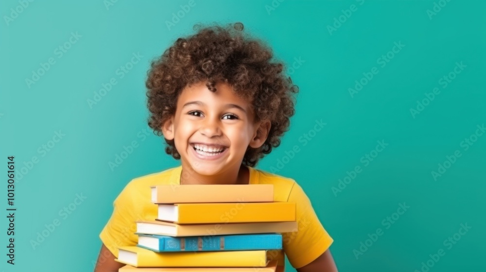 A vibrant child with a beaming smile holds a stack of colorful books in front of a bright turquoise background, embodying curiosity and joy. A vibrant child with a beaming smile holds a stack of colorful books in front of a bright turquoise background, embodying curiosity and joy.