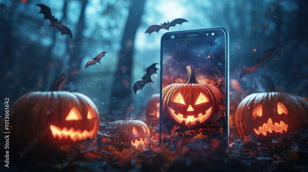 Mobile phone with jack-o'-lantern pumpkins and bats in a scary forest. Electronics advertising poster mockup for halloween sales. Mobile phone with jack-o'-lantern pumpkins and bats in a scary forest. Electronics advertising poster mockup for halloween sales.