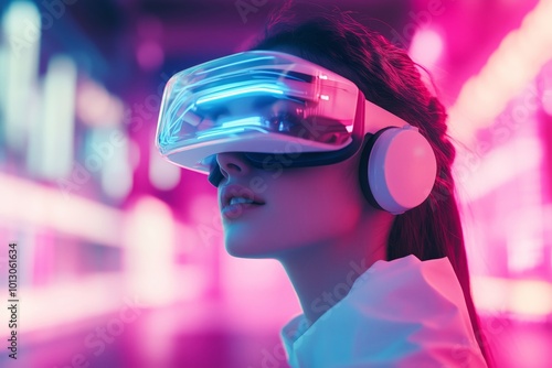 Woman immersed in the futuristic lifestyle of the metaverse with her digital avatar in a cyber world of virtual reality and technological presence