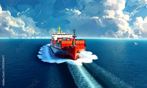 illustration A commercial freight ship, essential for importing and exporting goods in the logistics industry, glides through the open sea, offering ample copy space for text or design additions