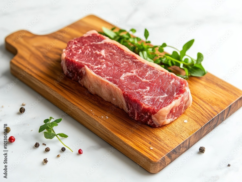 Fresh Marbled Striploin Steak on Wooden Cutting Board Fresh Marbled Striploin Steak on Wooden Cutting Board