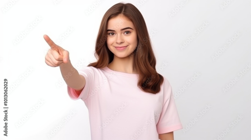 Charming young girl in a pink shirt confidently points forward, embodying encouragement and optimism. Charming young girl in a pink shirt confidently points forward, embodying encouragement and optimism.