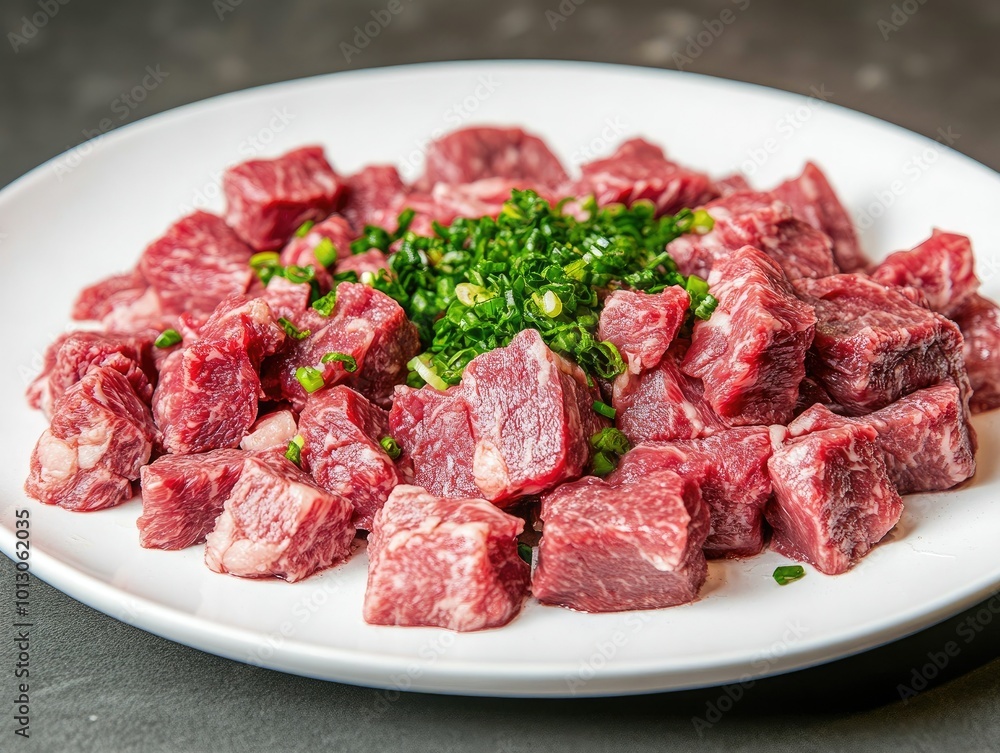 Close-Up of Diced Yakiniku Beef on White Plate Close-Up of Diced Yakiniku Beef on White Plate
