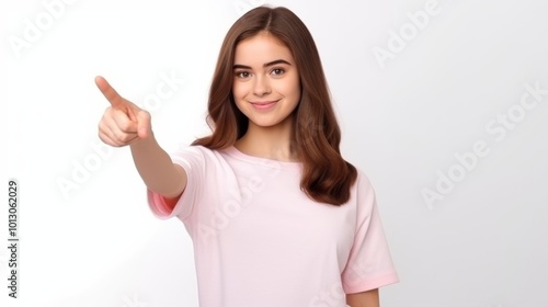 Charming young girl in a pink shirt confidently points forward, embodying encouragement and optimism.