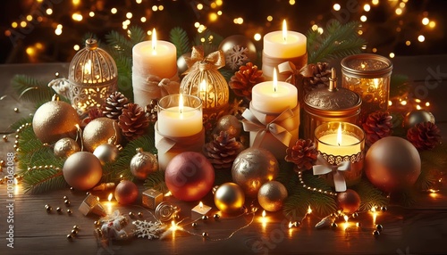 christmas decoration with candles,  lights, chrisms balls put in a set, created whit A.I generatiive..  