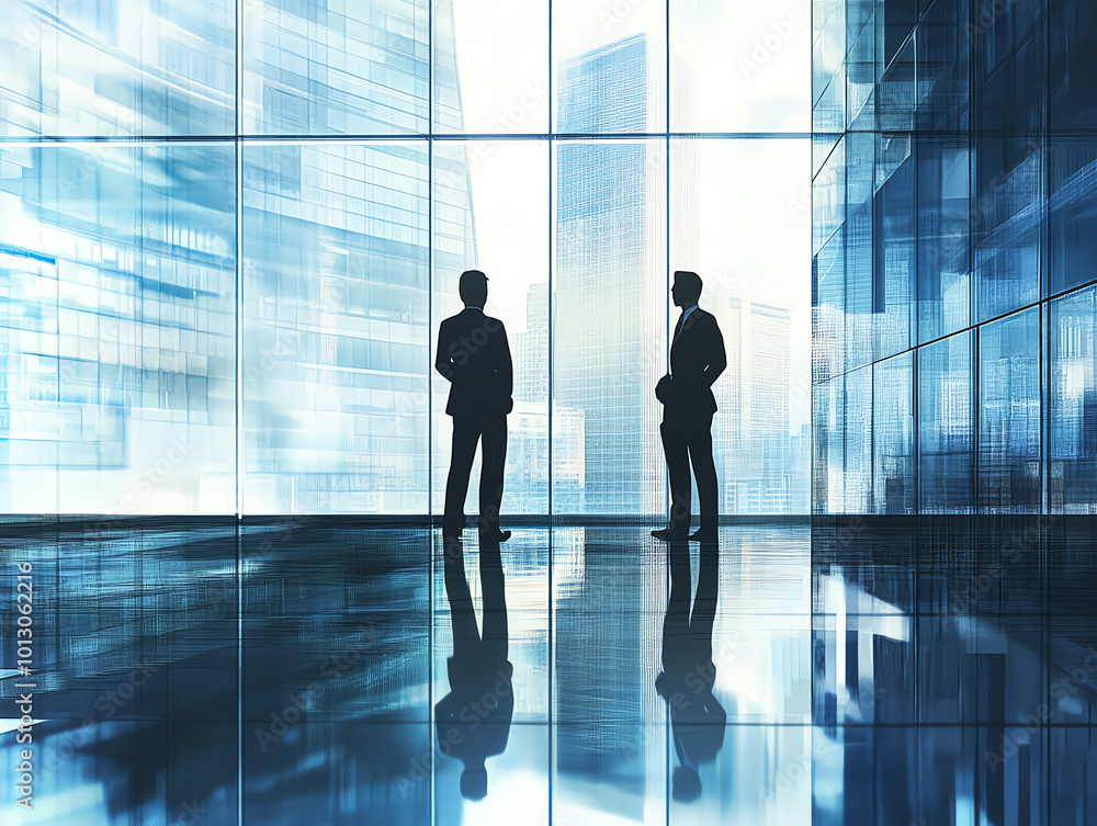 Two businessmen standing in an office with a panoramic city view. Two businessmen standing in an office with a panoramic city view.