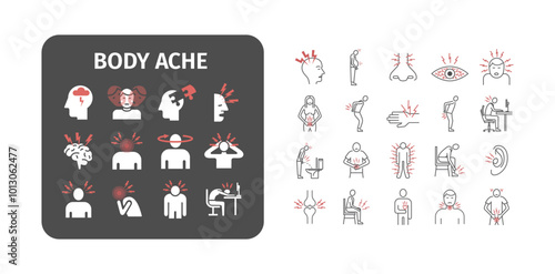 Body Pain and Injury line icons set. Headache signs Vector graphics for web use.