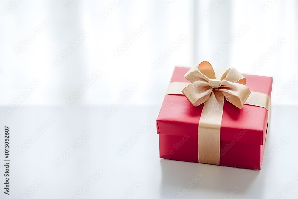 A beautifully wrapped red gift box with a golden ribbon, placed on a surface near a window, exuding a warm, festive atmosphere. A beautifully wrapped red gift box with a golden ribbon, placed on a surface near a window, exuding a warm, festive atmosphere.