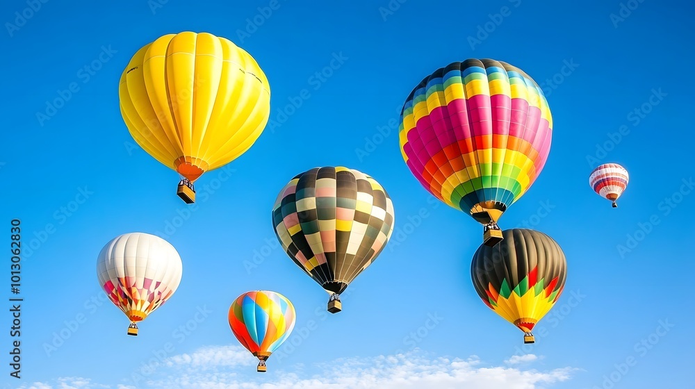 Obraz premium Colorful hot air balloons soar in a clear blue sky, creating a vibrant and joyful scene of flight and adventure.
