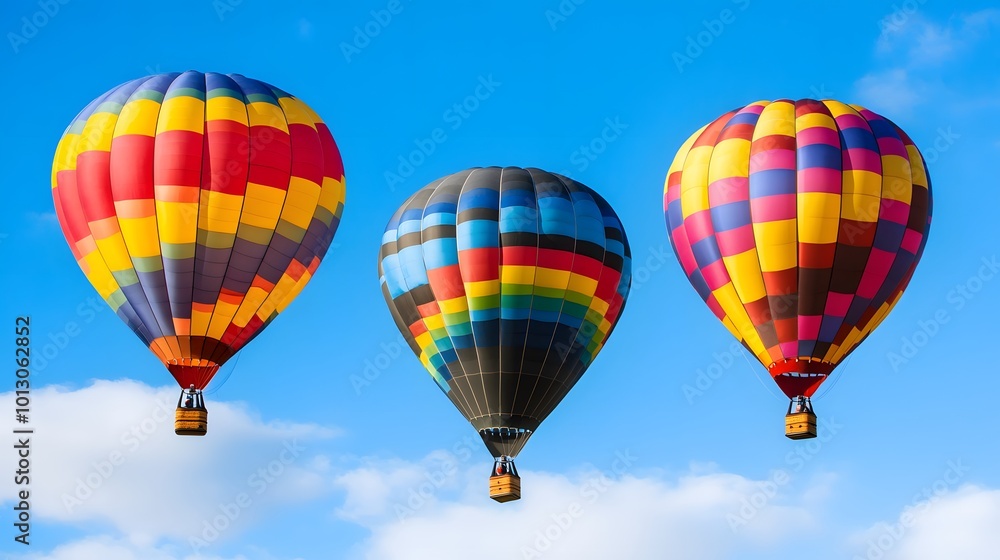 Fototapeta premium Three colorful hot air balloons float against a bright blue sky, showcasing vibrant patterns and creating a cheerful scene.