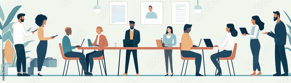 Diverse group of professionals collaborating around a table in an office setting. Diverse group of professionals collaborating around a table in an office setting.
