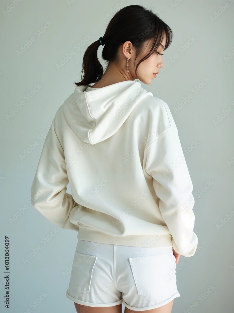 Young Asian Woman Posing in Minimalist White Hoodie - Back View Young Asian Woman Posing in Minimalist White Hoodie - Back View