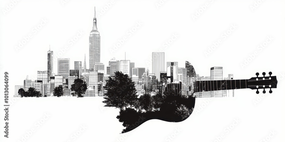 Obraz premium Cityscape guitar blend with trees and skyscrapers in black and white