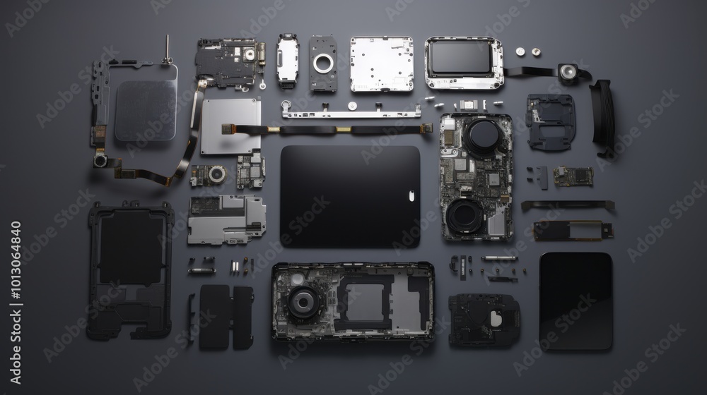 A complex array of disassembled phone components is meticulously arranged, revealing the intricate workings and inner technologies. A complex array of disassembled phone components is meticulously arranged, revealing the intricate workings and inner technologies.