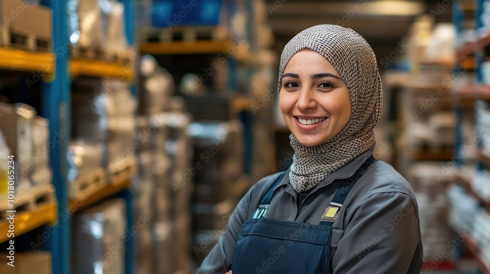 Smiling Muslim Woman in Hijab at Warehouse Smiling Muslim Woman in Hijab at Warehouse