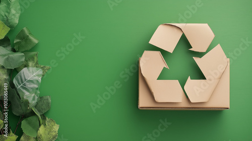 A cardboard recycling symbol lies on a green surface, with leaves arranged alongside..Promotes eco-friendly practices and sustainability through natural elements and recyclable materials. photo