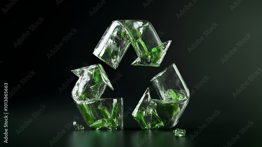 Conceptual image of a recycle symbol formed with crushed transparent plastic bottles highlighting eco-friendliness Conceptual image of a recycle symbol formed with crushed transparent plastic bottles highlighting eco-friendliness