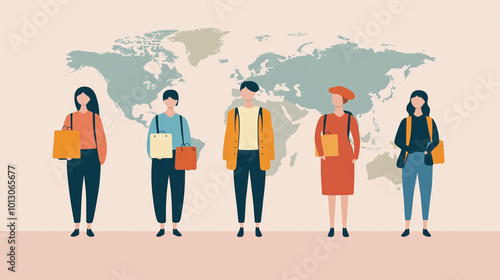 A group of diverse students standing in front of a world map, holding bags and backpacks..Represents global education and diversity, highlighting students from various countries united by learning. photo