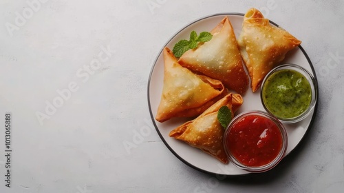 Delicious Samosas with Mint Chutney and Tamari Sauce photo