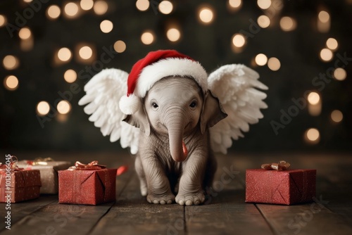 Adorable Elephant Baby disguised as Angel Watching Over the Gifts