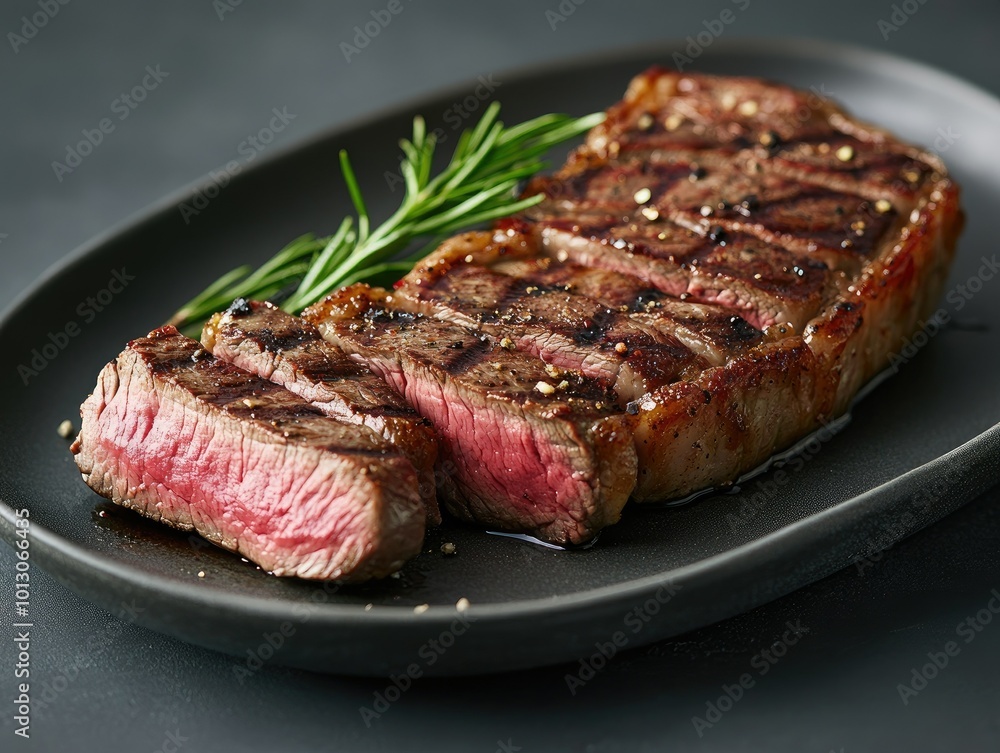 Freshly Sliced Striploin Steak on a Platter Freshly Sliced Striploin Steak on a Platter
