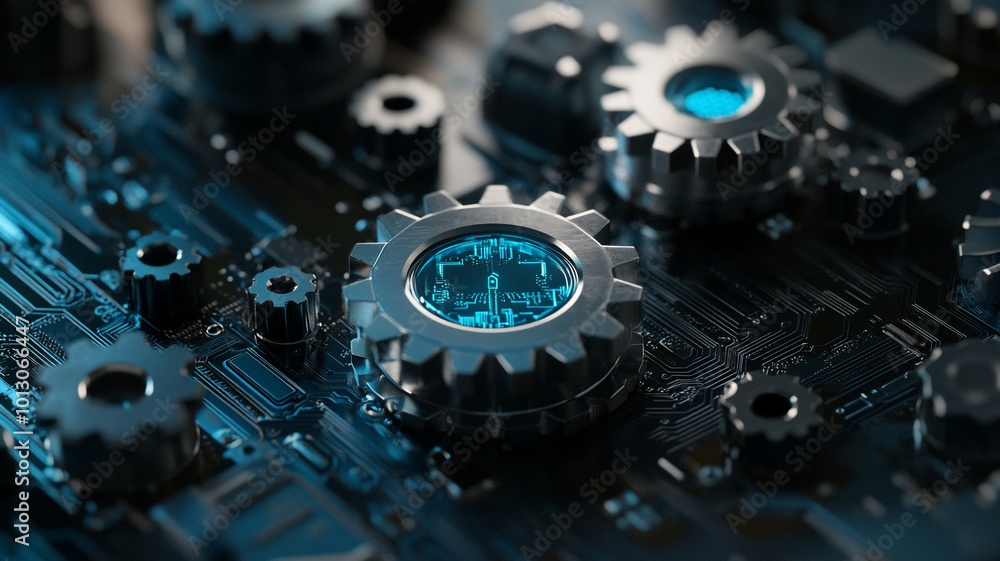 Close-up view of interconnected gears and circuits on a dark electronic circuit board Close-up view of interconnected gears and circuits on a dark electronic circuit board