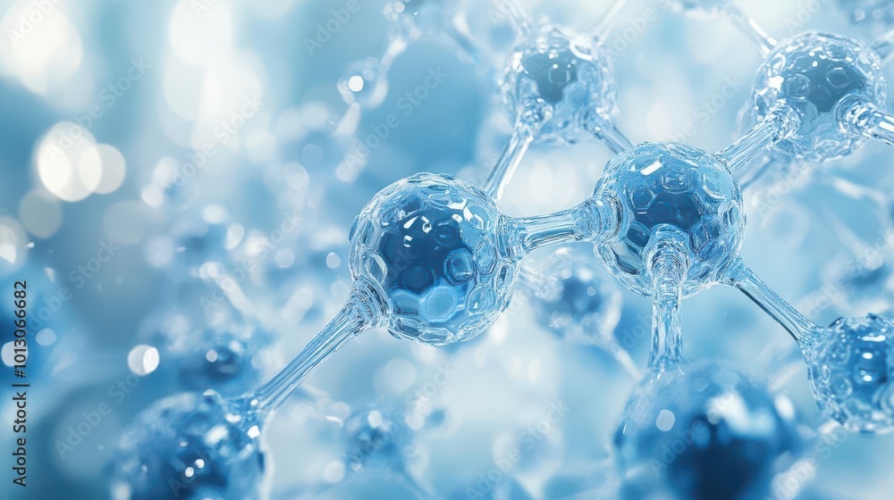 Close-up view of interconnected molecules in a translucent blue environment, illustrating the beauty of molecular structures. Close-up view of interconnected molecules in a translucent blue environment, illustrating the beauty of molecular structures.