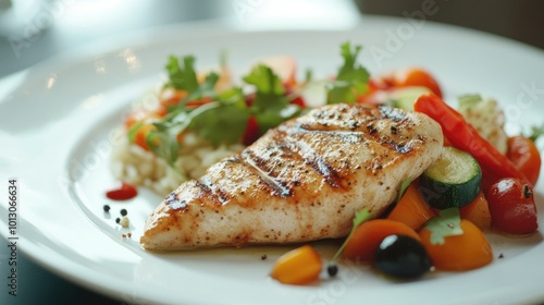 Fresh Grilled Chicken with Colorful Vegetables on Plate