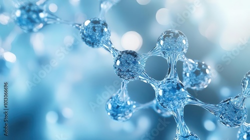 Close-up view of water molecules showcasing their intricate structure, reflecting science, purity, and molecular interaction.