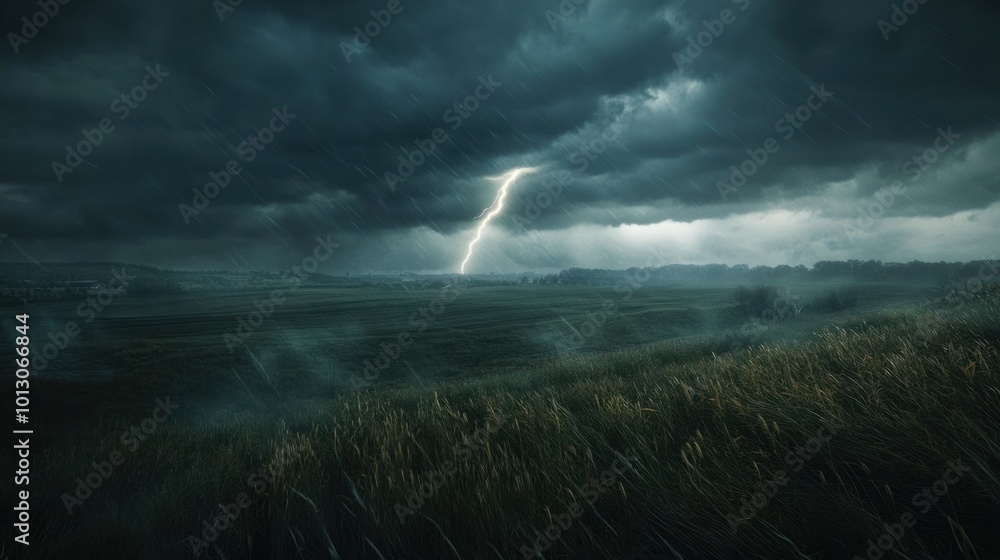 Tornado sweeping across farmland, dark storm clouds and lightning in the background