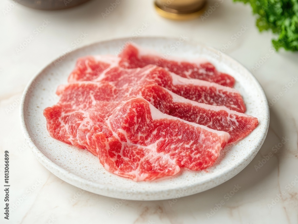 Thin Slices of Shabu Meat Stacked on Plate Thin Slices of Shabu Meat Stacked on Plate