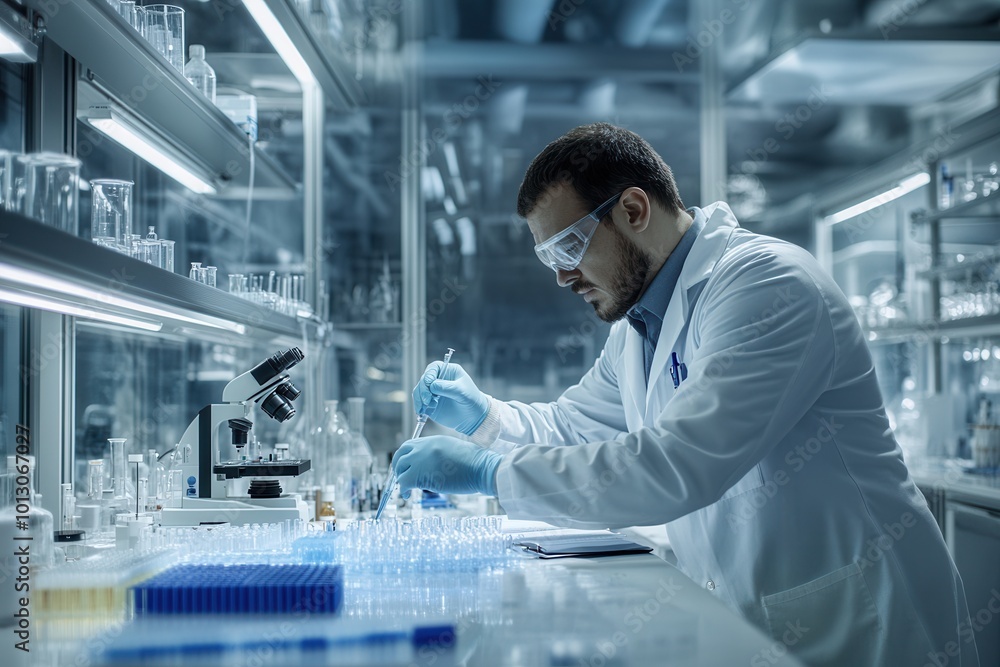 A laboratory scientist in a white lab coat meticulously manages test tubes and samples while conducting experiments in a state-of-the-art lab. Generative AI A laboratory scientist in a white lab coat meticulously manages test tubes and samples while conducting experiments in a state-of-the-art lab. Generative AI