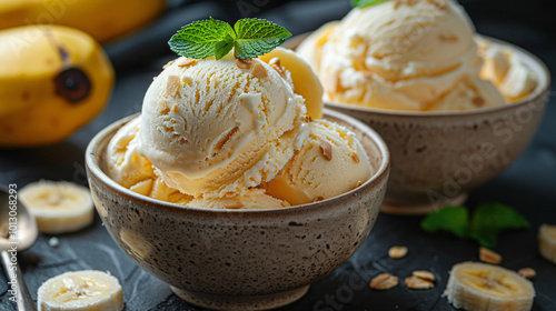 Delicious banana ice cream with mint served on bowl