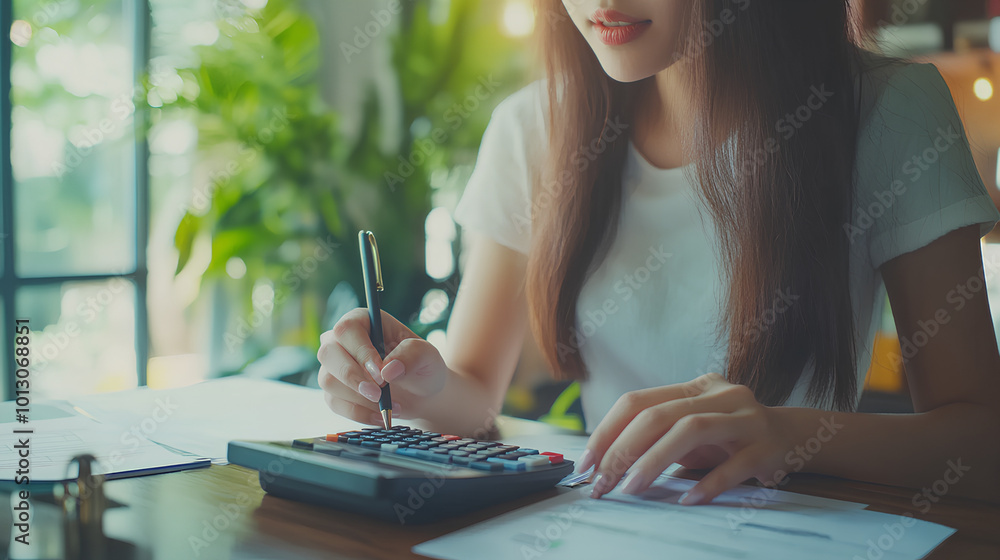 Deduction planning, debt asian young woman hand using calculator to calculating money balance from bill and income, cost budget expenses for pay money form personal individual on table at home Deduction planning, debt asian young woman hand using calculator to calculating money balance from bill and income, cost budget expenses for pay money form personal individual on table at home